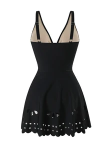 SHEIN Swim Mature Solid Color Cutout Skirt One-Piece Swimsuit - Black - View 7