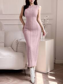 Feyla 2pcs/Set Women Elegant Solid Color Stand Collar Cable Sleeveless Dress And Long Sleeve Cardigan Set 2 Pieces Set In Fall/Winter - Pink - View 6