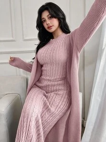 Feyla 2pcs/Set Women Elegant Solid Color Stand Collar Cable Sleeveless Dress And Long Sleeve Cardigan Set 2 Pieces Set In Fall/Winter - Pink - View 1