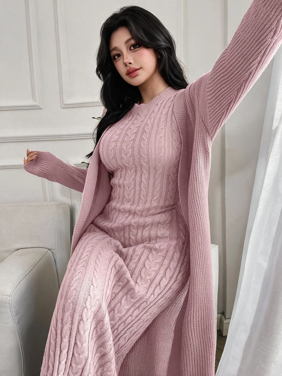 Feyla 2pcs/Set Women Elegant Solid Color Stand Collar Cable Sleeveless Dress And Long Sleeve Cardigan Set 2 Pieces Set In Fall/Winter - Pink - View 1