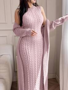 Feyla 2pcs/Set Women Elegant Solid Color Stand Collar Cable Sleeveless Dress And Long Sleeve Cardigan Set 2 Pieces Set In Fall/Winter - Pink - View 3