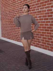 Andrea Bello 女款素色斜肩長袖寬鬆羅紋針織套頭毛衣，秋季卡其色，適合日常約會早午餐外出週末 - 卡其色 - 查看 4
