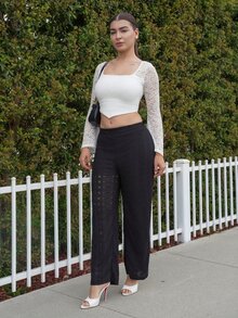 Andrea Bello 女士纯色松紧腰休闲度假风长裤夏季教师裤 - 黑色 - 查看 5