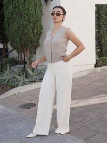 Andrea Bello 女款V領純色五角星金屬扣飾毛衣背心，卡其色，秋季，法式，優雅休閒日常奢華冬季秋季辦公 - 彩色 - 查看 3