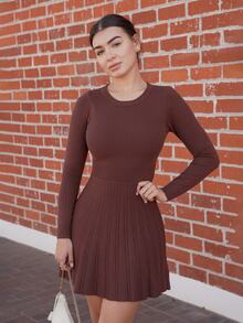 Andrea Bello Women's Solid Color Round Neck Long Sleeve Casual Knitted Dress, Autumn - Coffee Brown - View 6