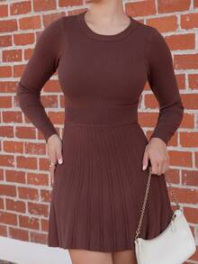 Andrea Bello Women's Solid Color Round Neck Long Sleeve Casual Knitted Dress, Autumn - Coffee Brown - View 4