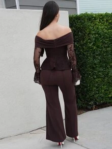 Andrea Bello Autumn/Winter Brown Off-Shoulder Long Sleeve Lace Top & Brown Straight Leg Flare Pants Elegant 2 Pieces Set, Brown 2 Pieces Set, Suitable For Formal Banquets, Parties, Weddings, Holiday Events - Brown - View 2