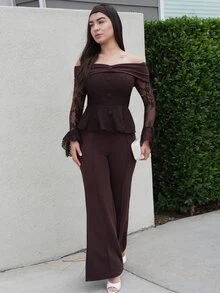 Andrea Bello Autumn/Winter Brown Off-Shoulder Long Sleeve Lace Top & Brown Straight Leg Flare Pants Elegant 2 Pieces Set, Brown 2 Pieces Set, Suitable For Formal Banquets, Parties, Weddings, Holiday Events - Brown - View 3