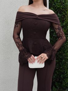 Andrea Bello Autumn/Winter Brown Off-Shoulder Long Sleeve Lace Top & Brown Straight Leg Flare Pants Elegant 2 Pieces Set, Brown 2 Pieces Set, Suitable For Formal Banquets, Parties, Weddings, Holiday Events - Brown - View 6