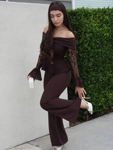 Andrea Bello Autumn/Winter Brown Off-Shoulder Long Sleeve Lace Top & Brown Straight Leg Flare Pants Elegant 2 Pieces Set, Brown 2 Pieces Set, Suitable For Formal Banquets, Parties, Weddings, Holiday Events - Brown - View 4