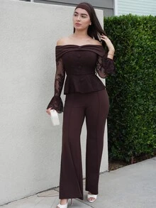 Andrea Bello Autumn/Winter Brown Off-Shoulder Long Sleeve Lace Top & Brown Straight Leg Flare Pants Elegant 2 Pieces Set, Brown 2 Pieces Set, Suitable For Formal Banquets, Parties, Weddings, Holiday Events - Brown - View 5
