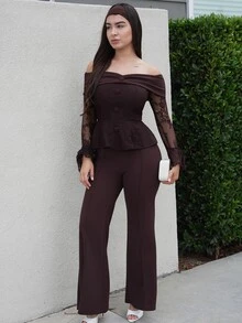 Andrea Bello Autumn/Winter Brown Off-Shoulder Long Sleeve Lace Top & Brown Straight Leg Flare Pants Elegant 2 Pieces Set, Brown 2 Pieces Set, Suitable For Formal Banquets, Parties, Weddings, Holiday Events - Brown - View 1