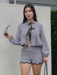 Andrea Bello 女款格紋前綁帶長袖襯衫與短褲休閒兩件套 - 黑與白 - 查看 1