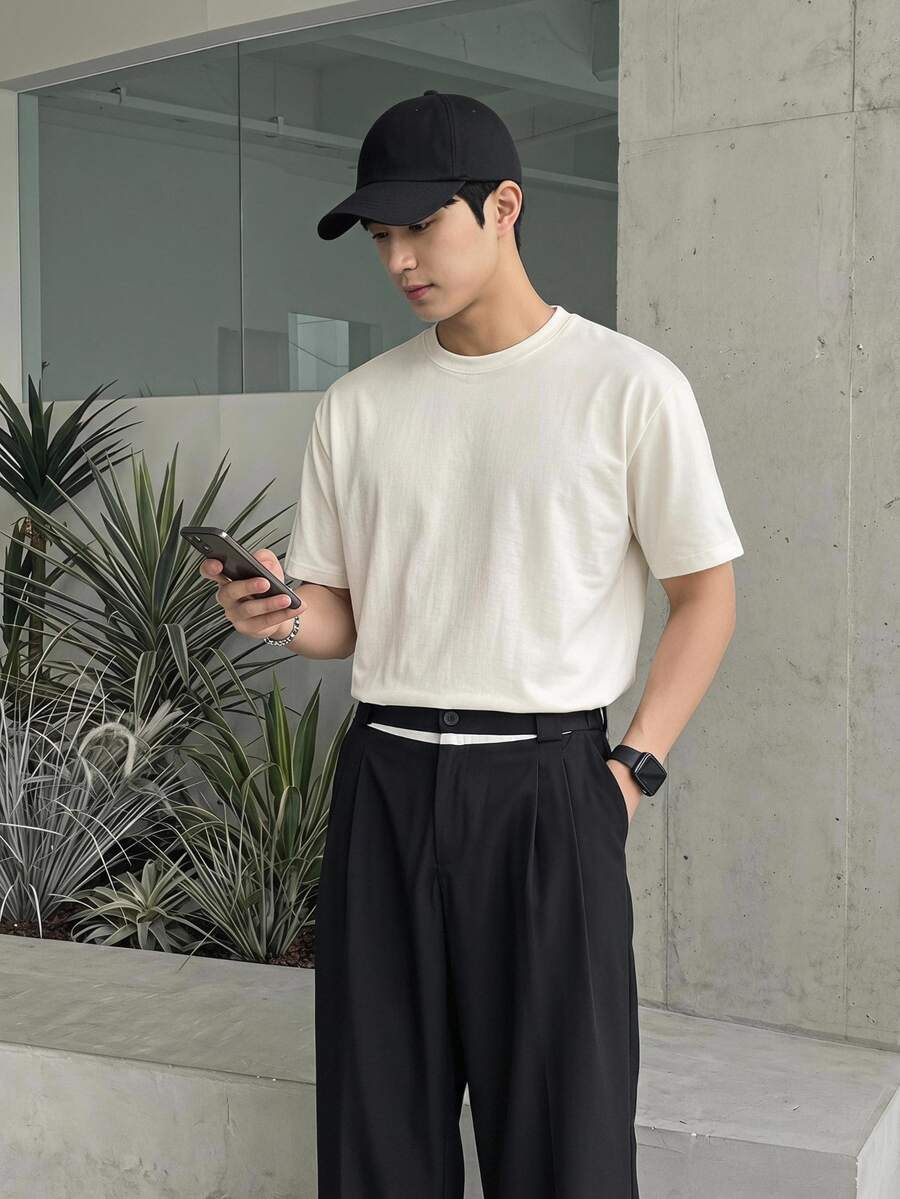 Claim Dot Men's Casual Simple Contrast Color Slant Pocket Wide Leg Straight Baggy Suit Pants, Autumn - Black - View 1