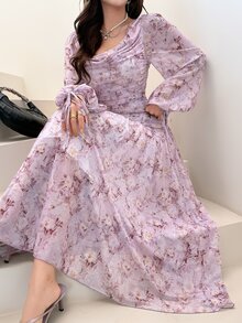 Feyla 優雅法式浪漫印花抓皺女款洋裝，適合婚禮、早午餐、花園派對、下午茶，花卉粉色秋季款 - 彩色 - 查看 3