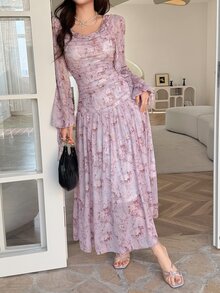 Feyla 優雅法式浪漫印花抓皺女款洋裝，適合婚禮、早午餐、花園派對、下午茶，花卉粉色秋季款 - 彩色 - 查看 6