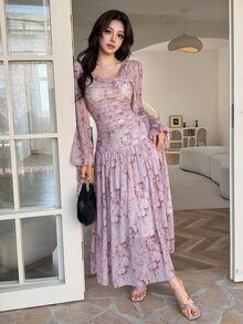 Feyla 優雅法式浪漫印花抓皺女款洋裝，適合婚禮、早午餐、花園派對、下午茶，花卉粉色秋季款 - 彩色 - 查看 2