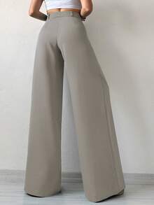SHEIN Smart Elegant Casual High Waist Pleated Wide Leg Pants Formal Office Grey - Grey - View 2
