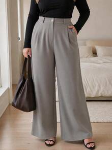 SHEIN Smart Elegant Casual High Waist Pleated Wide Leg Pants Formal Office Grey - Grey - View 1