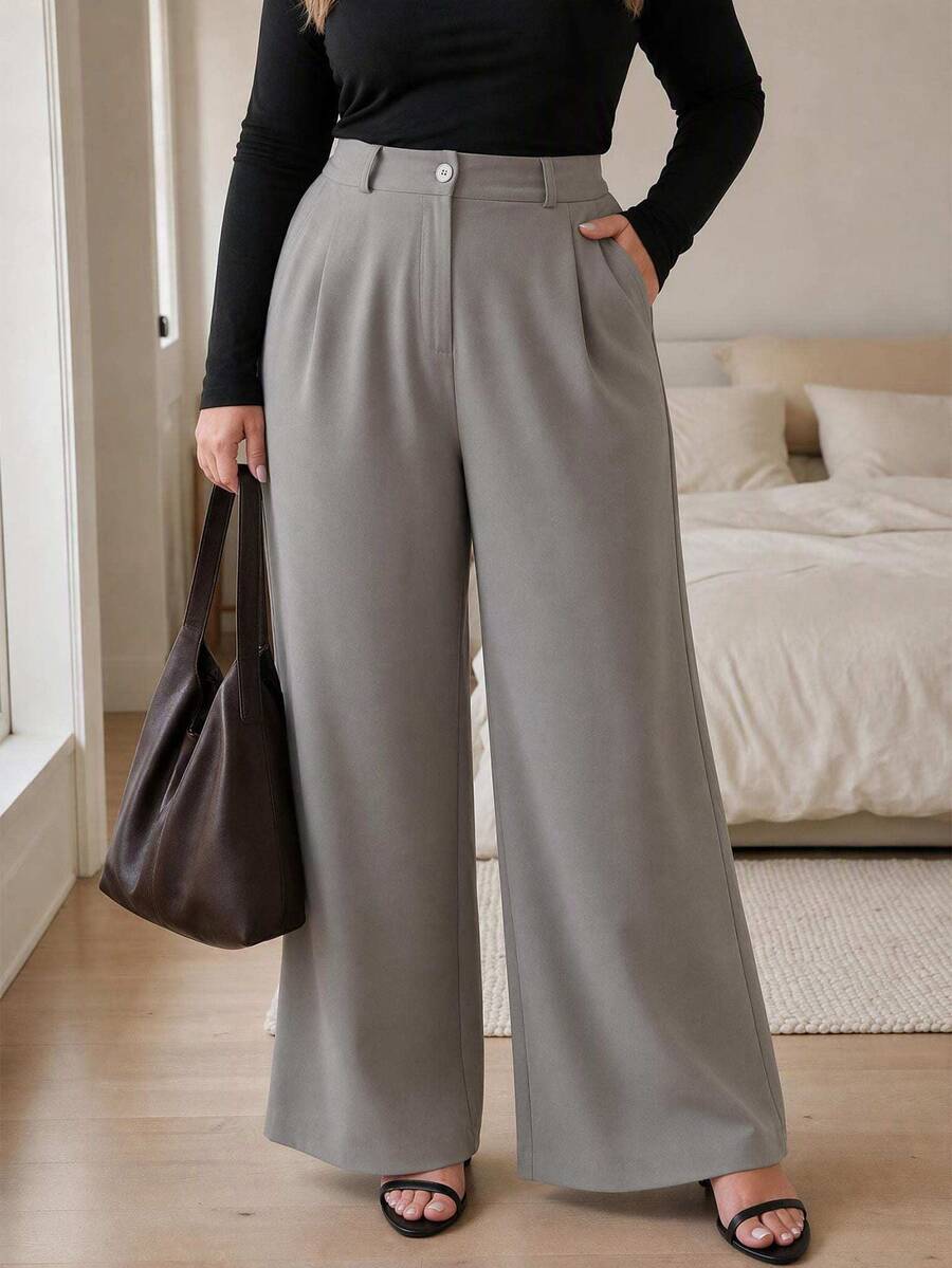 SHEIN Smart Elegant Casual High Waist Pleated Wide Leg Pants Formal Office Grey - Grey - View 1