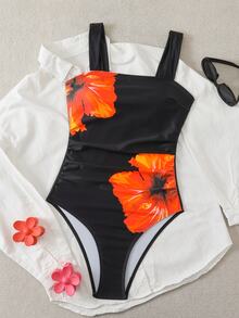 SHEIN Swim Women's Elegant Slimming Ombre Ruched One-Piece Swimsuit With Wide Straps - Black - View 4