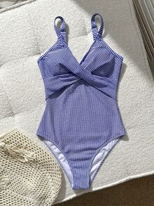 SHEIN Swim 1pc Striped Special Fabric Criss-Cross Front One-Piece Swimsuit - Blue - View 6