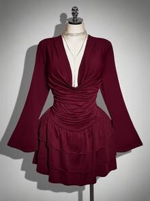 SHEIN ICON فستان سهرة أنيق مطوي للنساء بمقاسات كبيرة - عنابي اللون - مشاهدة 9