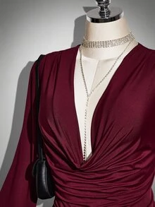SHEIN ICON فستان سهرة أنيق مطوي للنساء بمقاسات كبيرة - عنابي اللون - مشاهدة 10