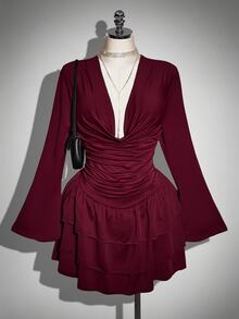 SHEIN ICON فستان سهرة أنيق مطوي للنساء بمقاسات كبيرة - عنابي اللون - مشاهدة 2