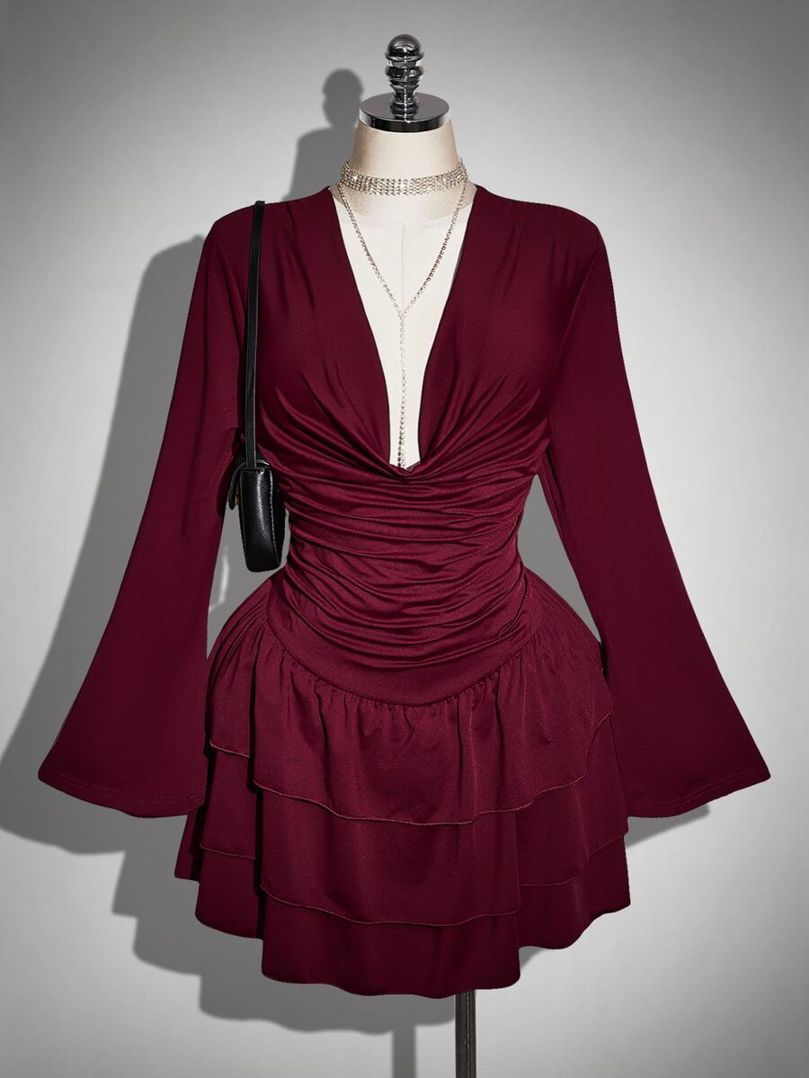 SHEIN ICON Women's Plus Size Elegant Pleated Evening Dress - Burgundy - View 1