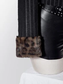 SHEIN ICON ملابس علوية نسائية مقاس كبير بطبعة نمر وفرو صناعي وتصميم رقع مضلع باللون الأسود - الأسود - مشاهدة 8