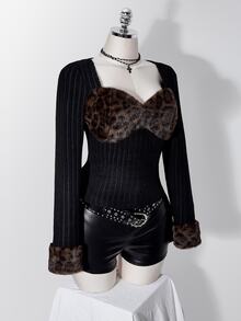 SHEIN ICON ملابس علوية نسائية مقاس كبير بطبعة نمر وفرو صناعي وتصميم رقع مضلع باللون الأسود - الأسود - مشاهدة 7