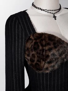 SHEIN ICON ملابس علوية نسائية مقاس كبير بطبعة نمر وفرو صناعي وتصميم رقع مضلع باللون الأسود - الأسود - مشاهدة 9