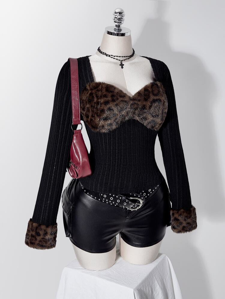 SHEIN ICON 女款大尺碼豹紋人造毛拼接羅紋黑色上衣 - 黑色 - 查看 1