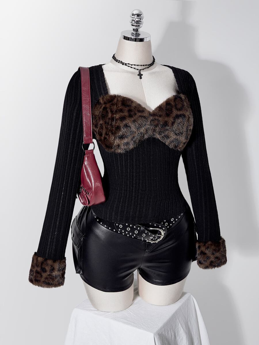 SHEIN ICON 女款大尺碼豹紋人造毛拼接羅紋黑色上衣 - 黑色 - 查看 1
