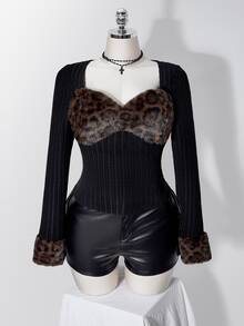 SHEIN ICON ملابس علوية نسائية مقاس كبير بطبعة نمر وفرو صناعي وتصميم رقع مضلع باللون الأسود - الأسود - مشاهدة 3
