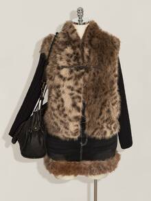 SHEIN ICON Women's Plus Size Asymmetrical Front Faux Fur Leopard Print Vest Jacket Winter - Brown - View 2
