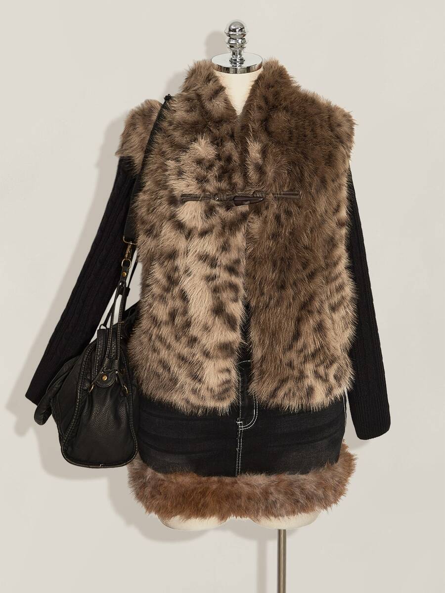 SHEIN ICON Women's Plus Size Asymmetrical Front Faux Fur Leopard Print Vest Jacket Winter - Brown - View 1