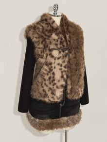 SHEIN ICON Women's Plus Size Asymmetrical Front Faux Fur Leopard Print Vest Jacket Winter - Brown - View 4