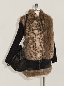 SHEIN ICON Women's Plus Size Asymmetrical Front Faux Fur Leopard Print Vest Jacket Winter - Brown - View 8