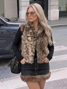 SHEIN ICON Women's Plus Size Asymmetrical Front Faux Fur Leopard Print Vest Jacket Winter - Brown - View 1