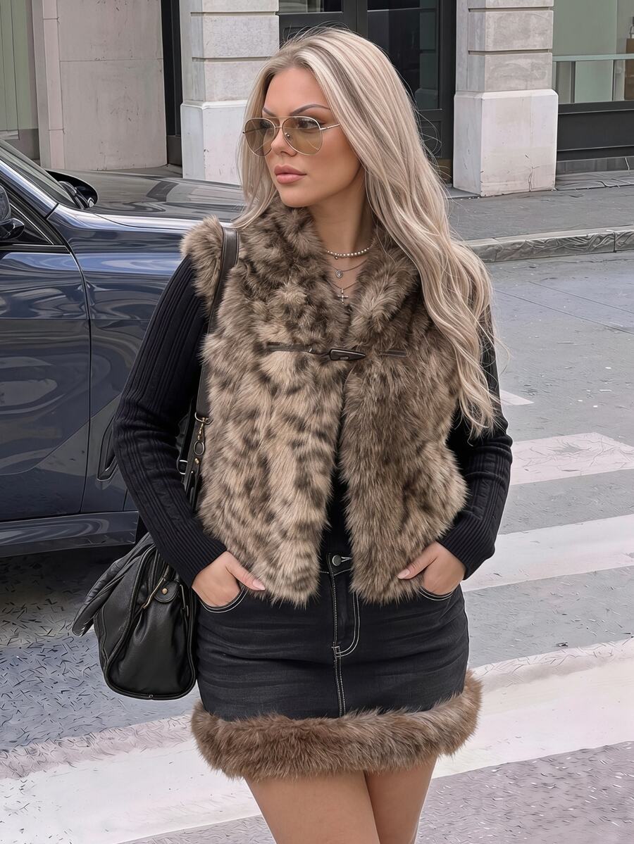 SHEIN ICON Women's Plus Size Asymmetrical Front Faux Fur Leopard Print Vest Jacket Winter - Brown - View 1