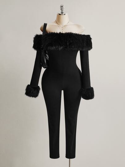 SHEIN ICON Women's Plus Size Fur Collar Patchwork Black Off-Shoulder Jumpsuit