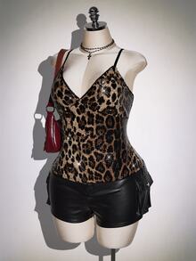 SHEIN ICON Plus Size Women's Leopard Print Sequin Fashion Camisole - Black - View 7