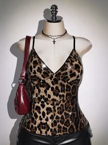 SHEIN ICON Plus Size Women's Leopard Print Sequin Fashion Camisole - Black - View 1
