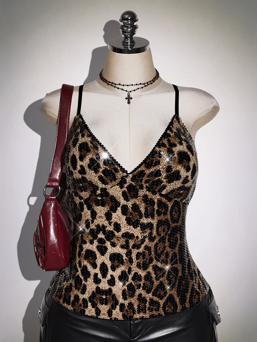 SHEIN ICON Plus Size Women's Leopard Print Sequin Fashion Camisole - Black - View 1