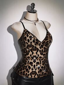 SHEIN ICON Plus Size Women's Leopard Print Sequin Fashion Camisole - Black - View 9