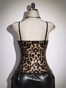 SHEIN ICON Plus Size Women's Leopard Print Sequin Fashion Camisole - Black - View 5