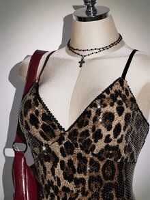 SHEIN ICON Plus Size Women's Leopard Print Sequin Fashion Camisole - Black - View 8