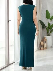 Feyla New Design Padded Shoulder Ruched Cinched Waist Elegant Sexy Metal Chain Decor Party Dinner Cocktail Date Dress Teal Blue Summer - Teal Blue - View 7